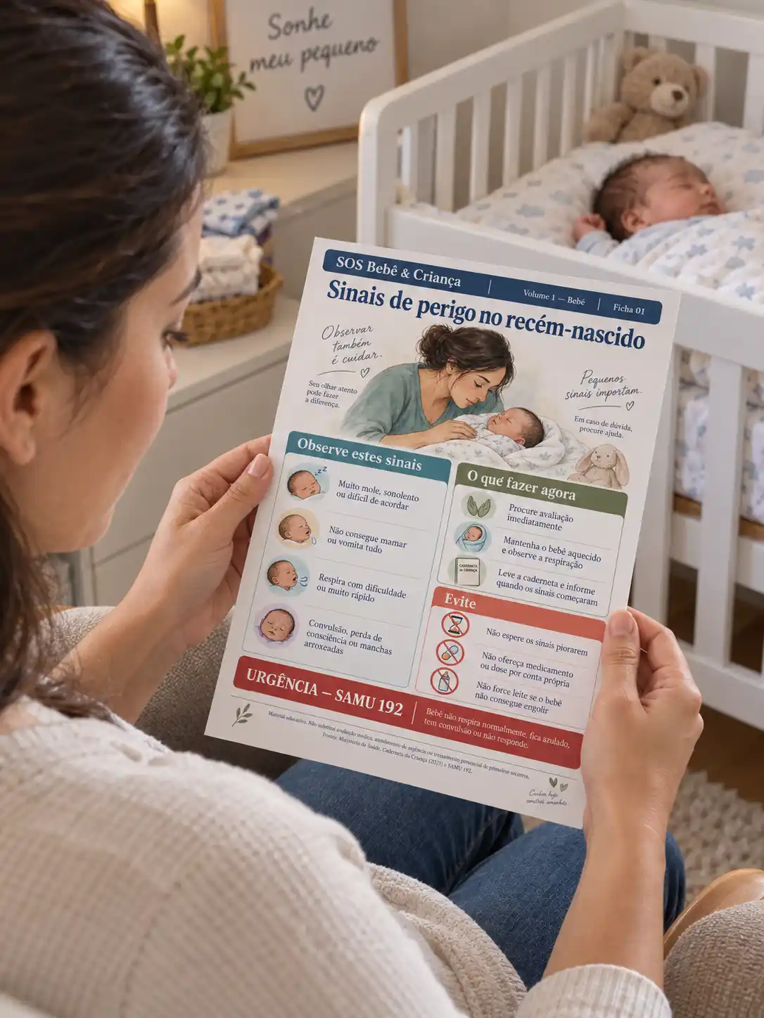 Mãe consultando uma ficha do SOS Bebê e Criança