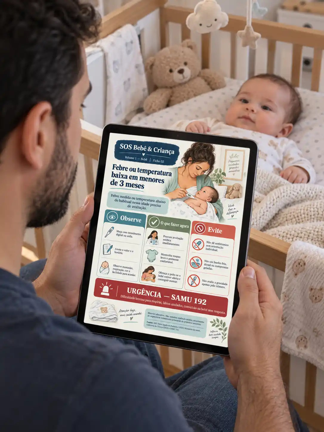 Pai consultando uma ficha do SOS Bebê e Criança no tablet