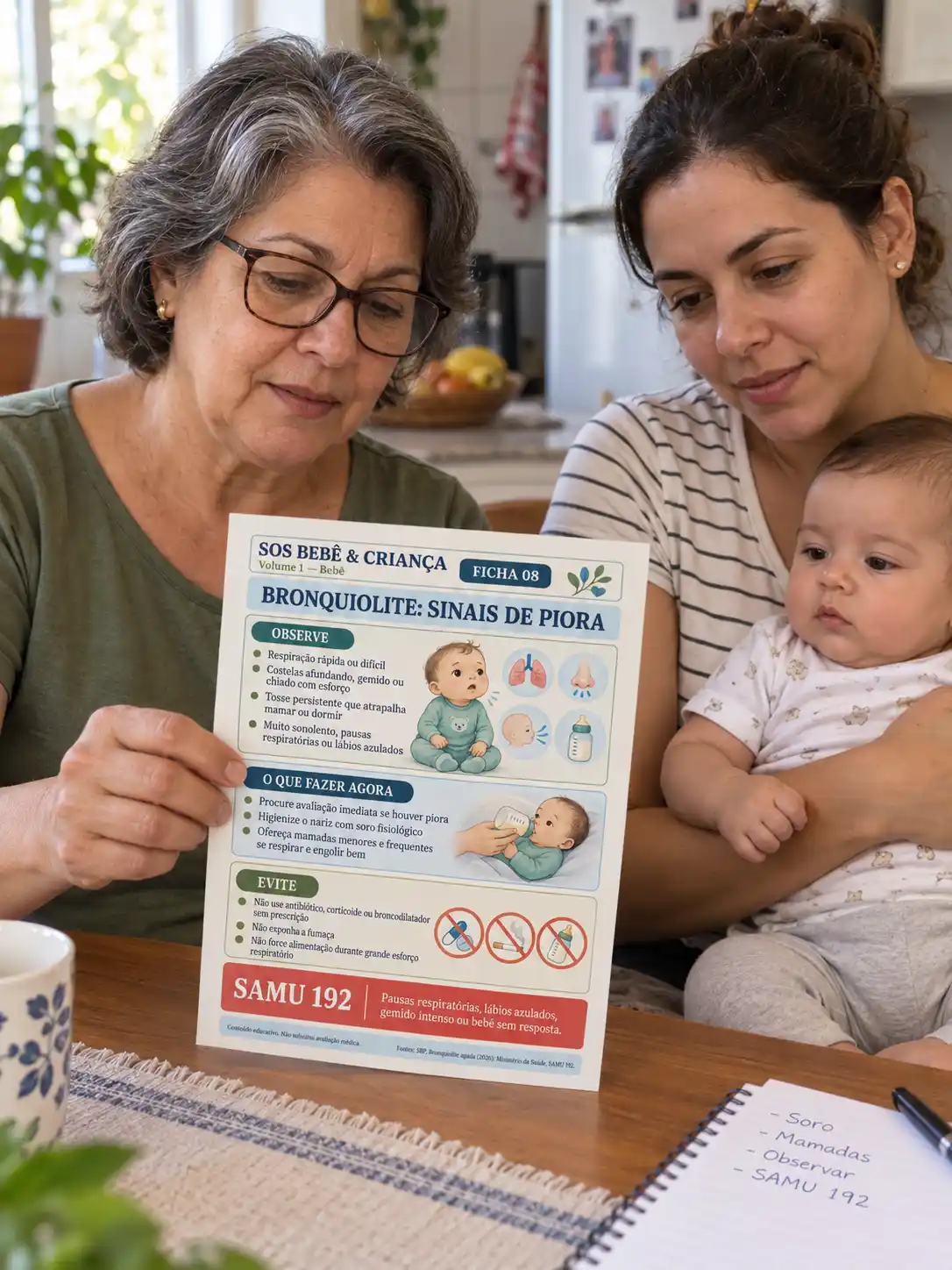 Família consultando a ficha sobre bronquiolite