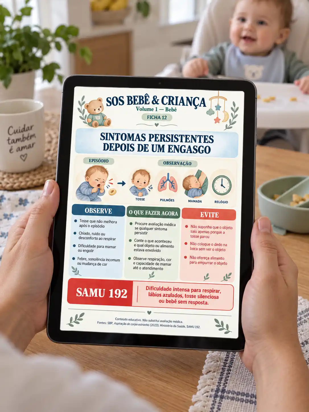Ficha sobre engasgo sendo consultada no tablet